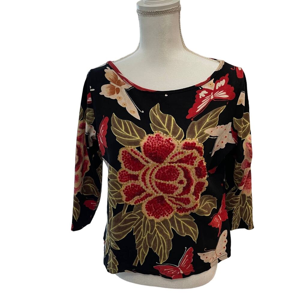 Nostalgia Black Sequin Floral Print Top Size Large Women's RN060508